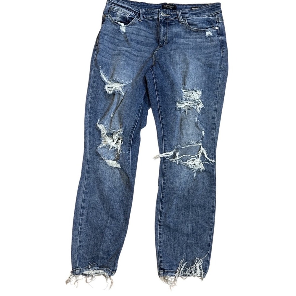 Judy Blue Boyfriend Jeans 11/30 Distressed Raw Hem Stretch‎ Denim Blue